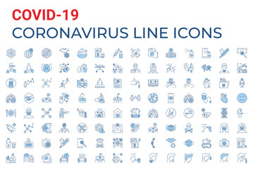 Coronavirus COVID-19 pandemic respiratory pneumonia disease related vector icons set. Included icons symptoms, transmission, prevention, treatment, virus, outbreak, contagious, infection 2019-nCoV