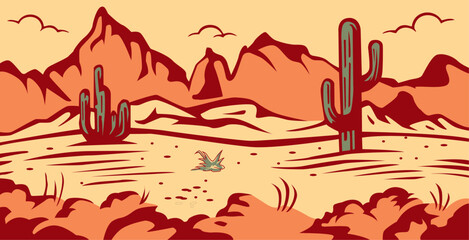 Sandy desert landscape flat vector illustration. Empty valley with rocks, cliffs and green cacti. Dry land with drafts and hot climate. Arizona Beautiful panoramic view.