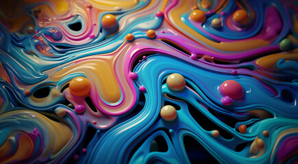 Close up of colored liquids. Colorful abstract backround. Digital art wallpaper. Generative AI