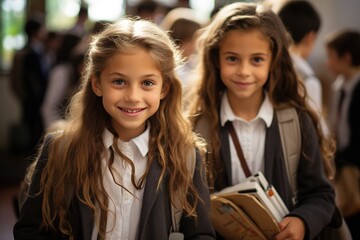 Portrait of girls in school uniform. The girls go to school. Generative AI.
