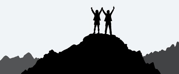 Successful conceptual illustrations photo,man and woman stand at top of mountain ,Silhouette Success conceptual,business abstract conceptual picture