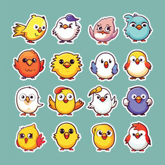 Set of funny birds character in many poses, kawaii mascot vector illustration sticker design