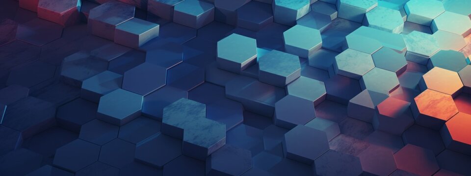 Abstract futuristic digital geometric technology hexagon background banner illustration - Colorful purple blue orange hexagonal 3d shape texture (Generative Ai)