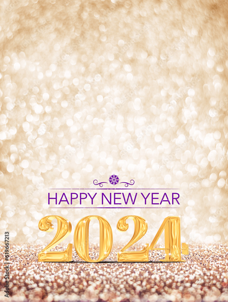 Poster happy new year 2024 3d rendering gold color on gold glitter background