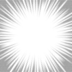 Halftone gradient sun rays pattern. abstract halftone vector dots background. monochrome dots pattern. pop art, comic small dots. star rays halftone poster. shine, explosion. sunrise rays background.