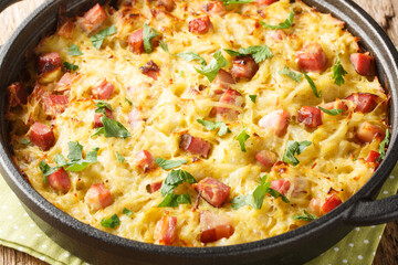 German baked hash Saarland dibbelabbes is a combination of grated potatoes, leeks, and diced smoked...