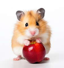 Syrian hamster holding a small red apple on a white background