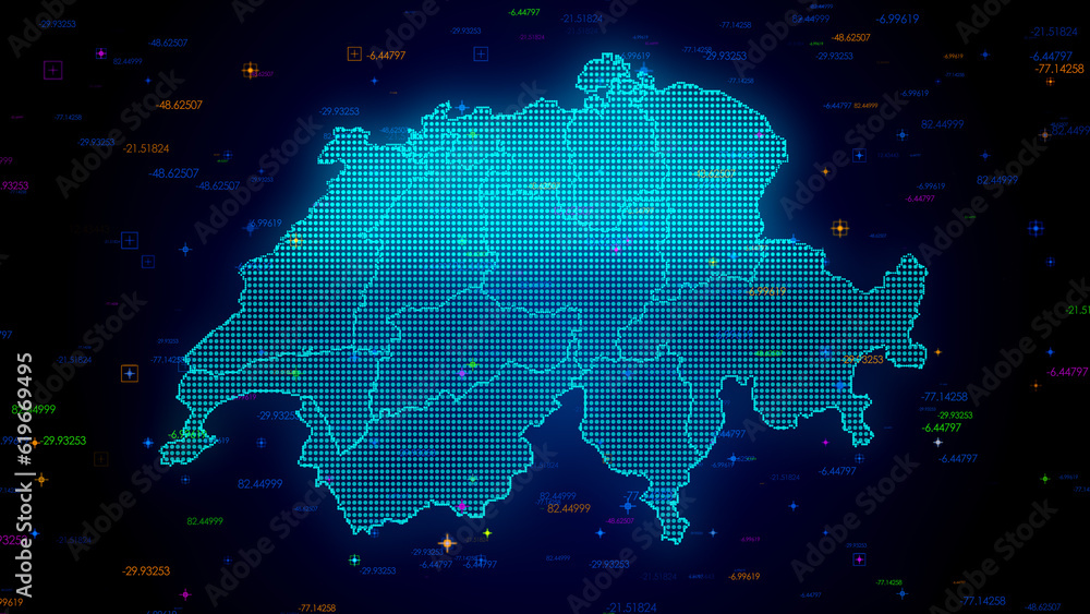 Poster futuristic blue colorful shiny digital technology hud dots mosaic grid switzerland map separate regi
