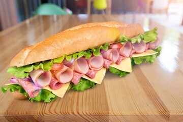 Tasty fresh meat sandwich on desk