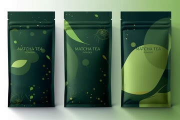 Generative AI. Matcha green tea powder vector realistic. Product placement mock up healthy drink label designs