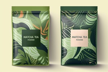 Generative AI. Green tea matcha powder packaging design concept. healthy organic beverage, drink matcha latte. Branches of tea plant with leaves. Mockup for pack, ad.Minimal modern