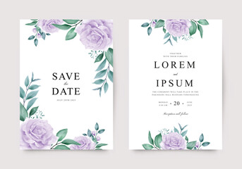 Beautiful wedding invitation with watercolor purple roses