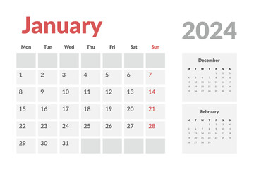 Calendar Template of january 2024. Vector layout simple calendar with week start Monday.