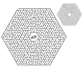 Bee in the Maze. Help the bee find its way out of the challenging maze in the center of the illustration. Black and white vector illustration