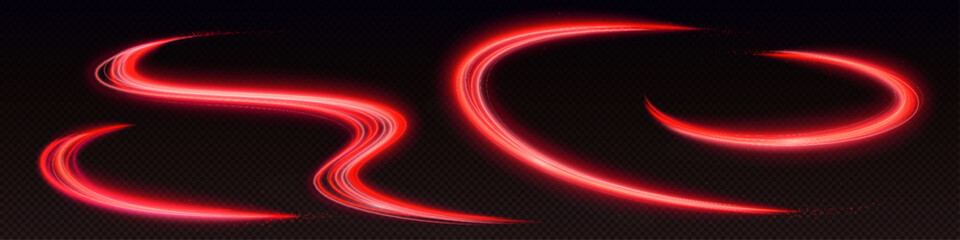 Realistic set of neon red waves isolated on transparent background. Vector illustration of highway traffic speed effect, luminous light trail, curve lines, magic energy stream glowing in darkness