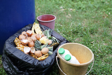 Food scrapes and equipment for doing compost,rotten kitchen scraps with fruits, vegetables garbage...