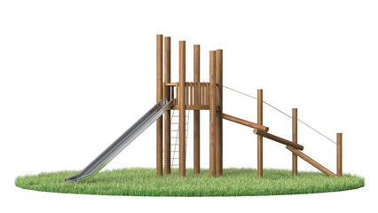 wooden slide playground on grass isolated
