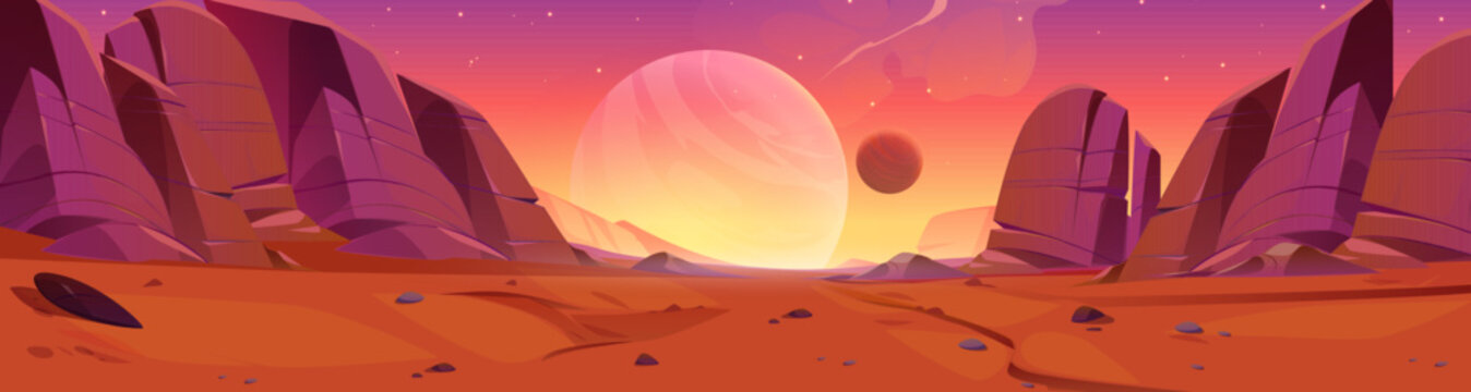 Red alien planet surface with rocky stones. Vector cartoon illustration of martian desert landscape covered with orange dust, stars glowing in sky, cosmic galaxy exploration, adventure game background