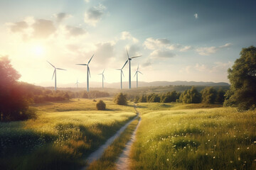 Fototapeta na wymiar Wind power generators on a windy sunny day in the field, alternative ecological energy