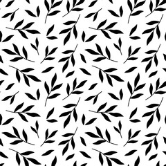 Plant seamless pattern with black leaves. Vector illustration of foliage. Black and white botanical pattern with twigs. Monochrome deciduous background.