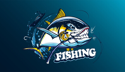 Fototapeta premium Tuna fishing logo vector illustration. Tuna fishing emblem isolated. Ocean fish logo. Saltwater fishing theme.