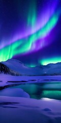 Fototapeta na wymiar Aurora borealis, northern lights over the snowy mountains in winter Wallpaper