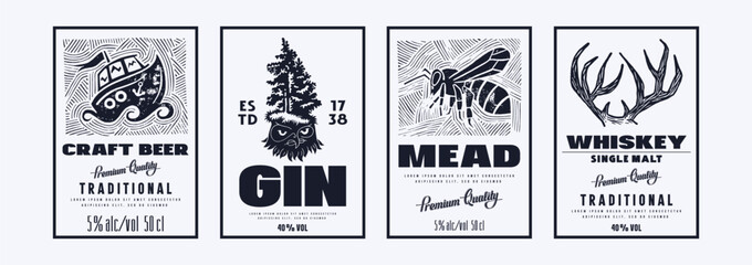 Set of template label for beer, gin, mead and whiskey