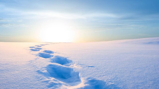  winter plain covered by a snow at the sunset with human track, seasonal outdoor time lapse scene