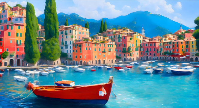  Portofino taly oil paint impressionism art old houses sea boat in lagoone mediterranean sea old town