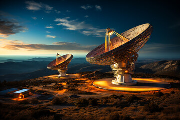 Radio telescope pointing to the sky. AI generative.