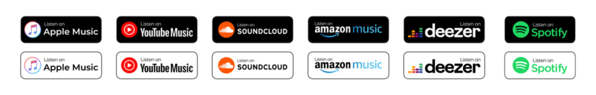 popular Music streaming services listen on badges set. Apple Music, Spotify, Youtube Music, and Soundcloud. Simple, vector, printed on paper. icon for website design, marketing, and mobile app.