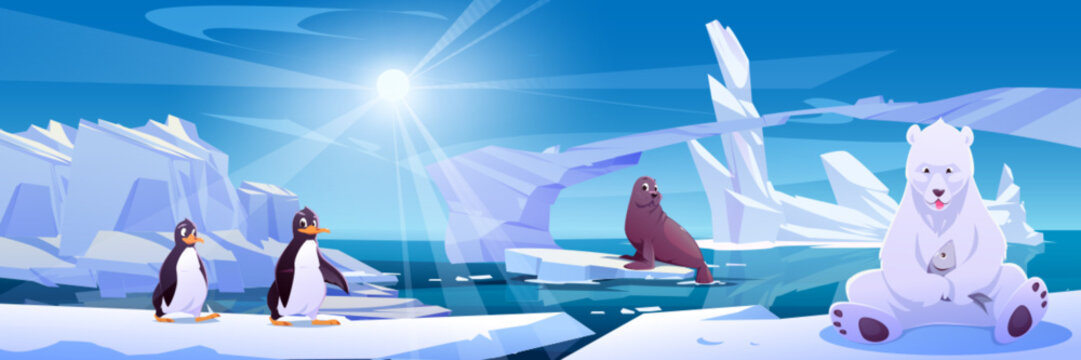 Bear on iceberg near penguin and seal arctic landscape. Frozen ice in winter with animal background. Cold icy ocean water near frost mountain fantasy game scene cartoon illustration of sunny day.