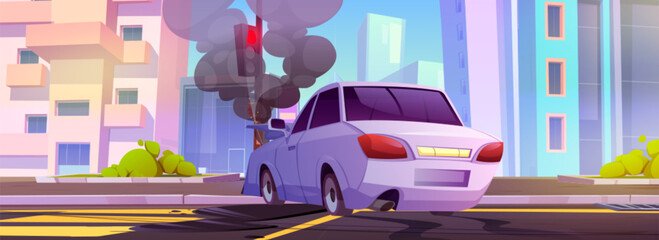 Car crash red traffic light pole on city street vector cartoon illustration. Auto drive speed and accidental damage on highway with bumper on pillar. Smoke and broke front automobile need repair