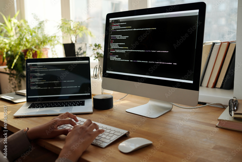 Aufkleber Hans of young female programmer or IT manager typing on computer keyboard while sitting by desk in front of screen with coded data