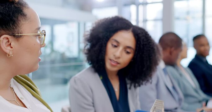 Conversation, advice at job interview and people in waiting room with hr questions at recruitment agency. Human resources, men and women helping with application or information for hiring in lobby.