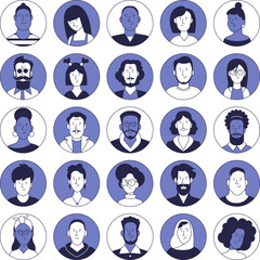 A set of portraits of various people of different sexes and races. Icons of users of social networks.