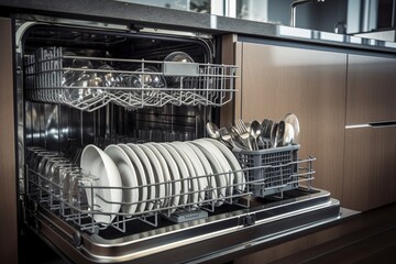 Open dishwasher in a modern kitchen. Clean dish and cutlery