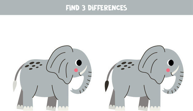 Find three differences between two pictures of cute elephants. Game for kids.