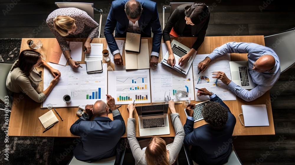 Wall mural Business people group meeting shot from top view in office . Professional businesswoman, businessman and office workers working in team conference with project planning document. with generative ai