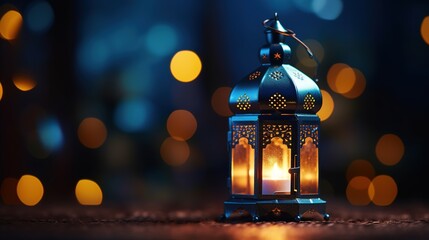 Ornamental Arabic lantern with burning candle glowing at night and glittering golden bokeh lights. Festive greeting card. with generative ai