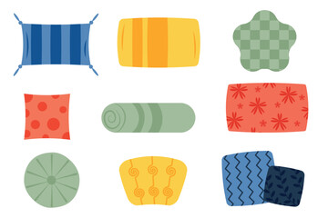 Multi colored pillow flat cartoon set. Home interior textile.