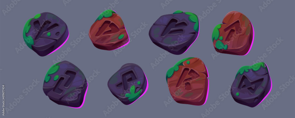 Poster ui game set with magic rune stones. ancient nordic runic symbols on rock and wooden items with moss.