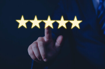 business man showing happy smile good feedback rating positive customer reviews rating satisfaction...