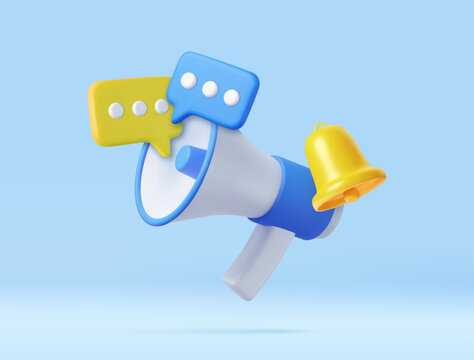 3D Megaphone with speech bubble and bell notification.