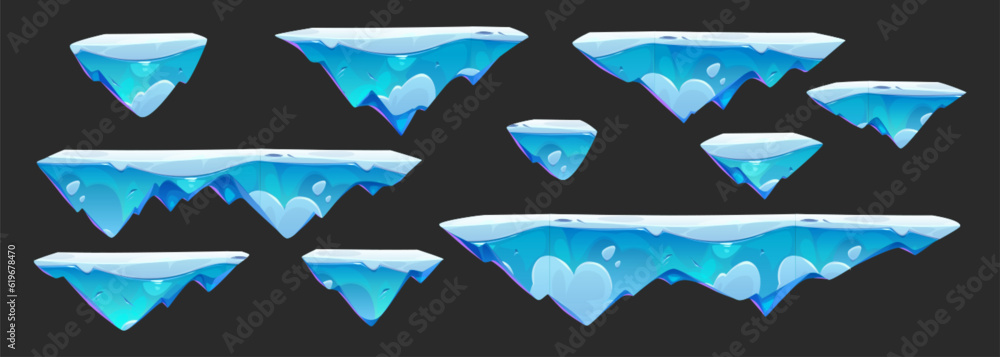 Poster flying ice jump game island vector illustration. frozen floating platform landscape for ui arcade 2d