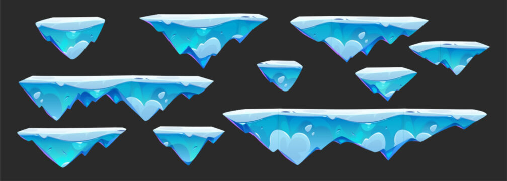 Flying ice jump game island vector illustration. Frozen floating platform landscape for ui arcade 2d videogame isolated texture set. Empty virtual location with snow kit for fantasy world screen