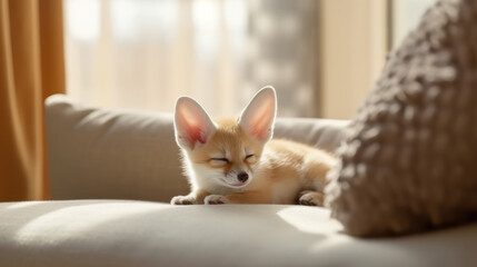 cute baby fennec is sleeping on a light textile sofa, generative AI