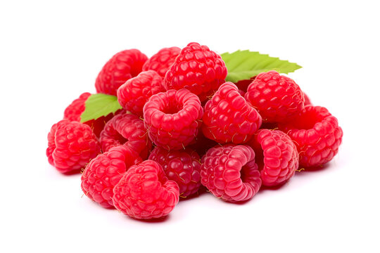 Ripe raspberries with green leaves on a white background close-up.