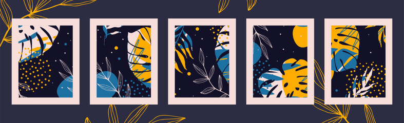 Monstera leaves posters. Retro abstract backgrounds. Yellow and blue colors