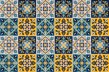 Seamless colorful patchwork in turkish style. Blue and yellow colors. Azulejos tiles patchwork. Portuguese and Spain decor. Islam, Arabic, Indian, ottoman motif. 